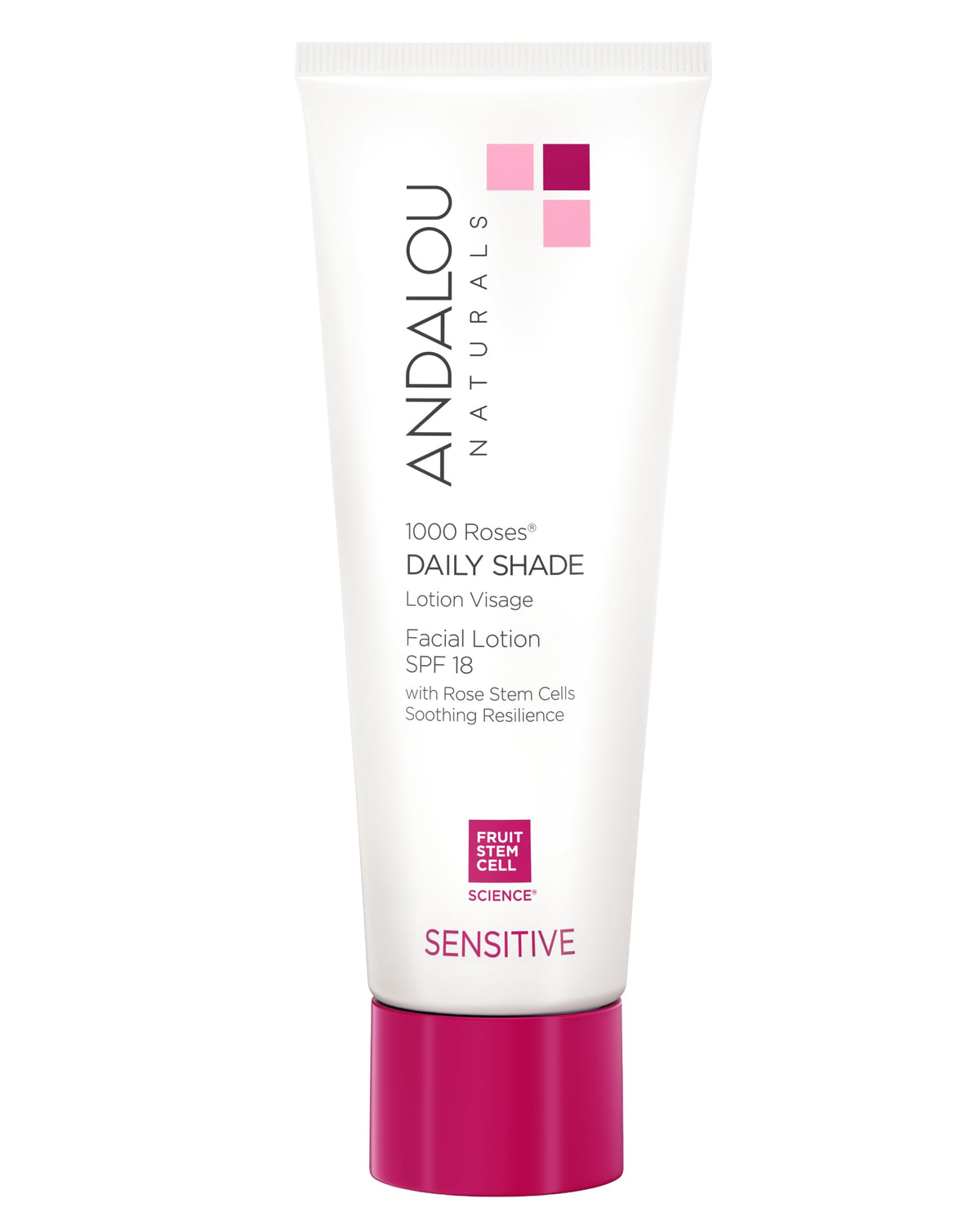 Andalou Naturals 1000 Roses Daily Shade SPF 18 bottle shows ultra sheer hydration and protection