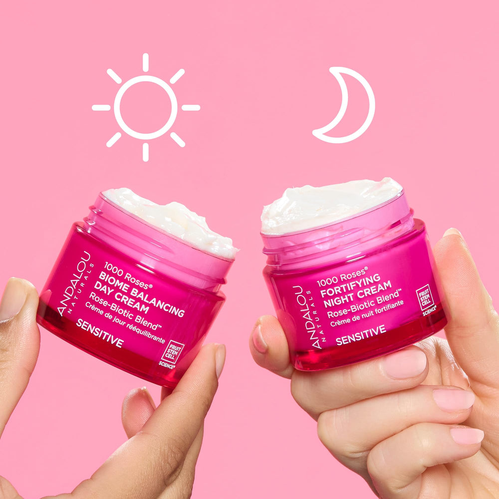 Andalou Naturals night cream jar with dispensing look and clean ingredients badge.