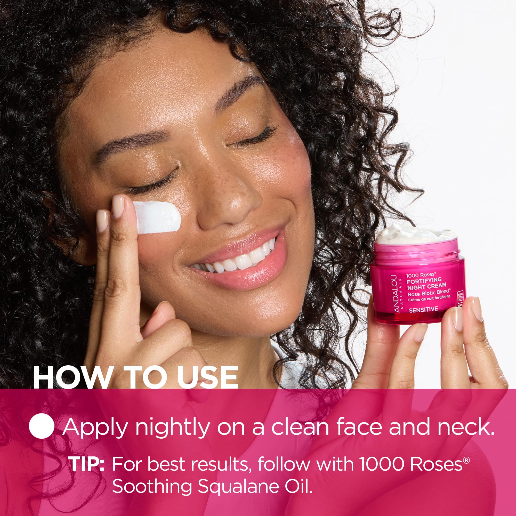 Andalou Naturals ingredients closeup features Rosa Centifolia Extract and Postbiotics.