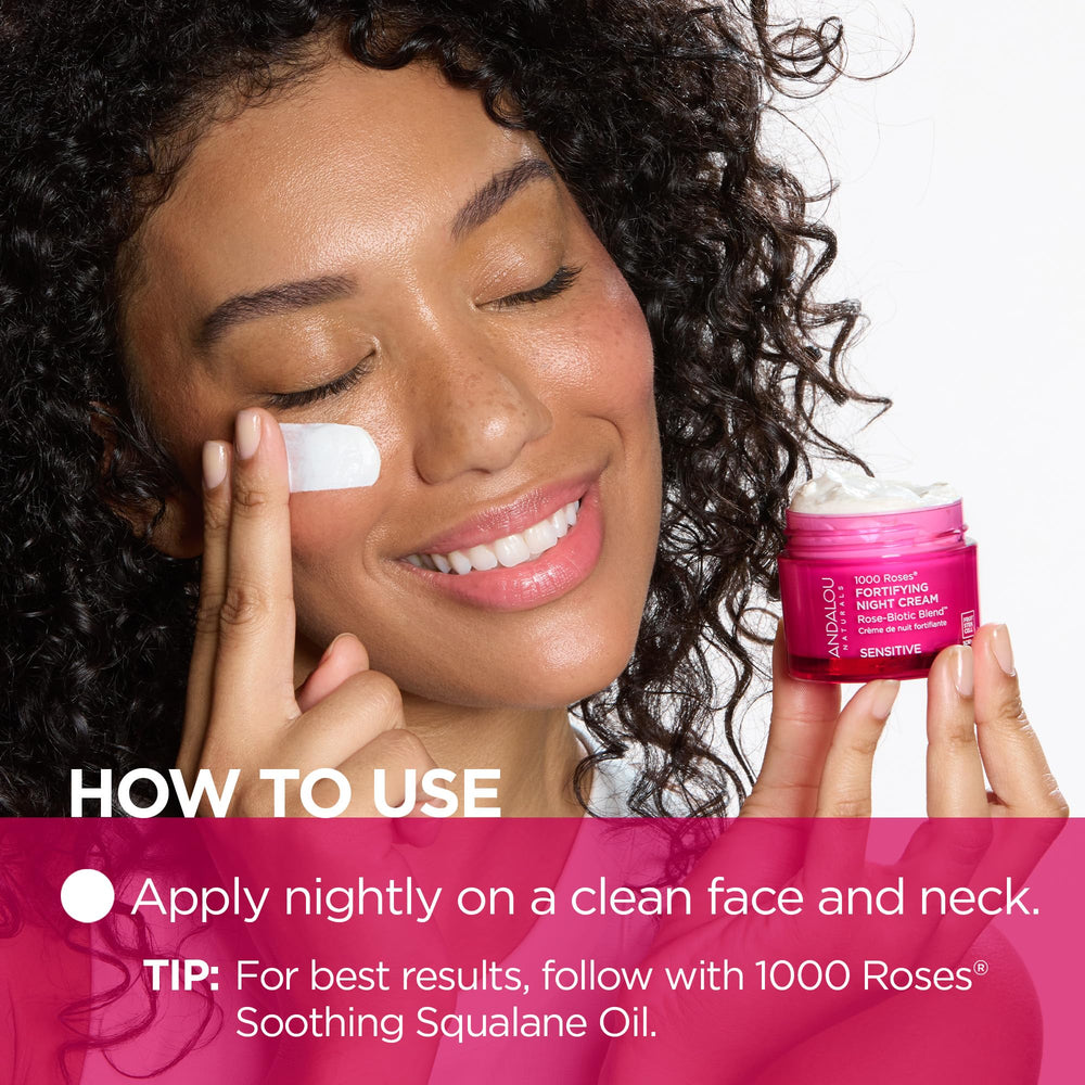Andalou Naturals ingredients closeup features Rosa Centifolia Extract and Postbiotics.