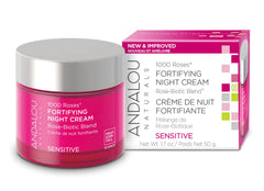 Andalou Naturals 1000 ROSES Fortifying Night Cream jar shows barrier support.