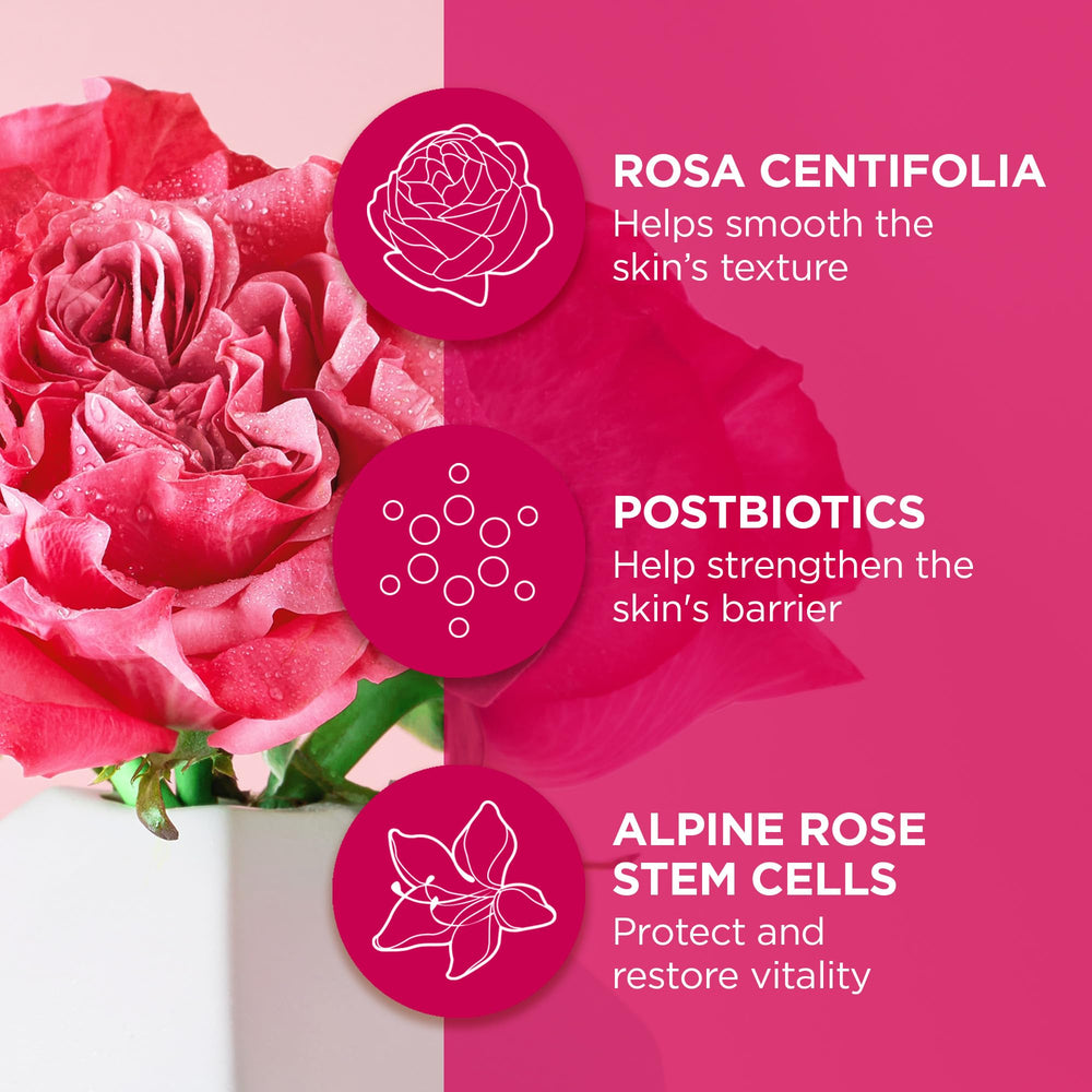 Andalou Naturals rose-petal hero shot emphasizes Rose-Biotic Blend benefits.