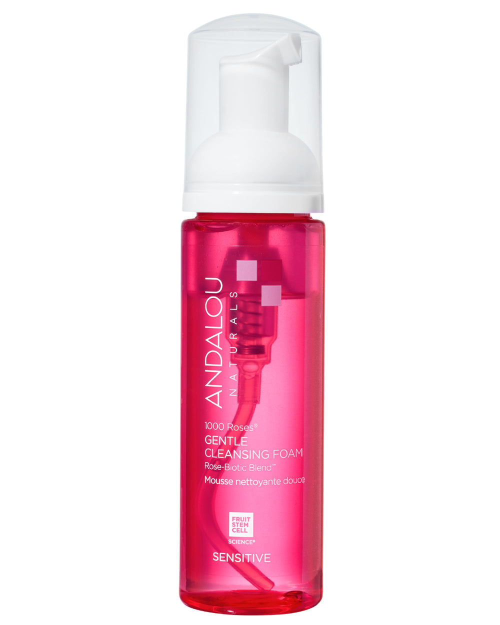 Andalou Naturals 1000 Roses Gentle Cleansing Foam bottle preserves moisture during daily cleansing.