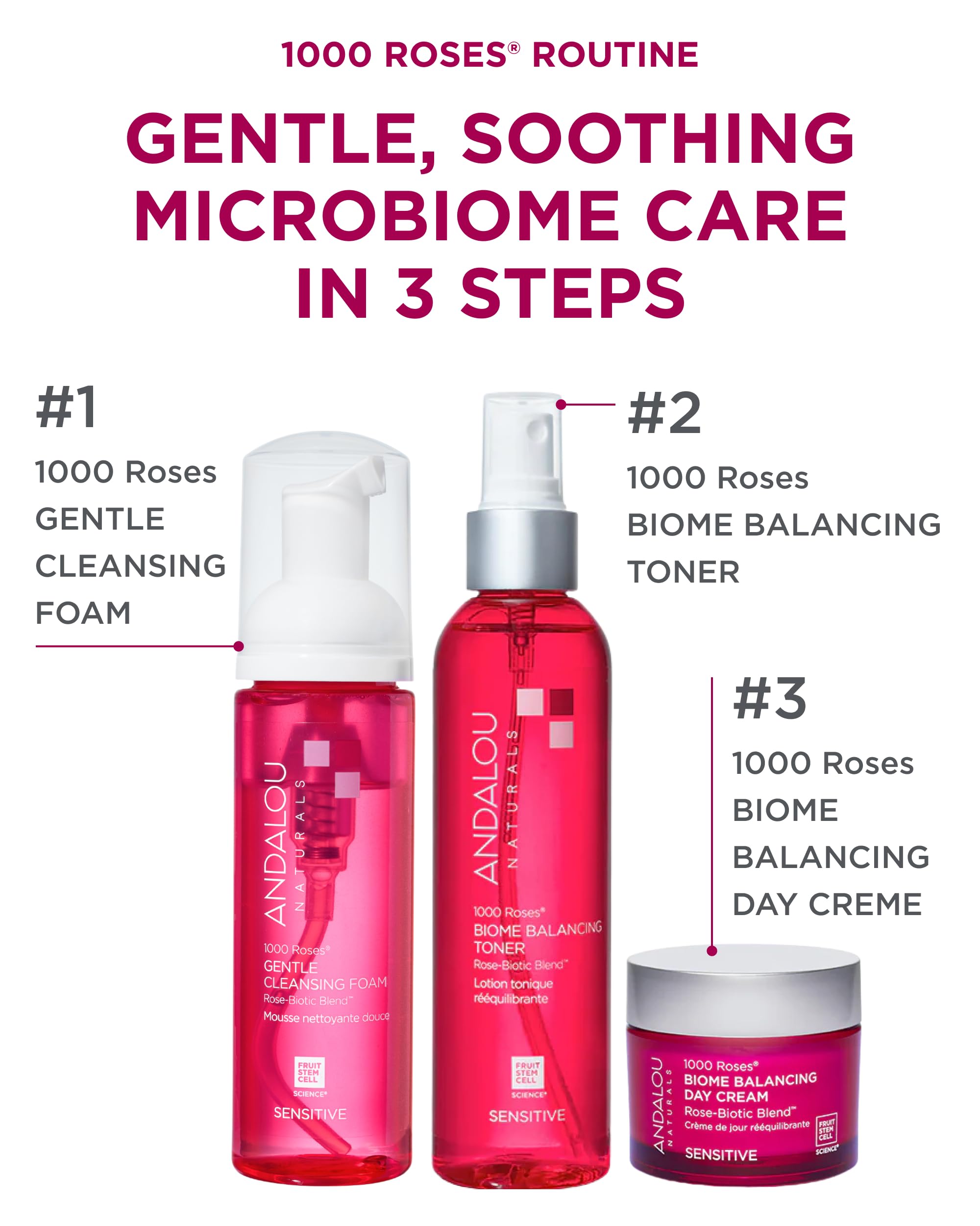 Andalou Naturals 1000 Roses Rose fragrance provides a soothing aroma during cleansing.