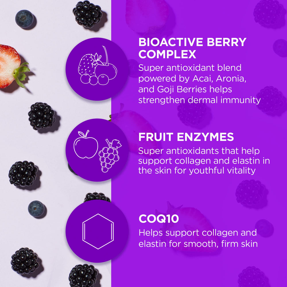 Andalou Naturals illustration highlighting Advanced Fruit Stem Cells and bioactive ingredients.