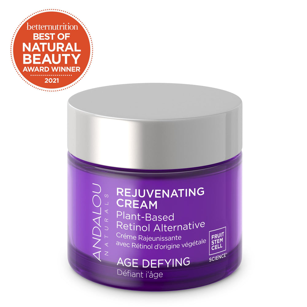 Andalou Naturals Age Defying Cream open jar reveals lush formula ready to apply.