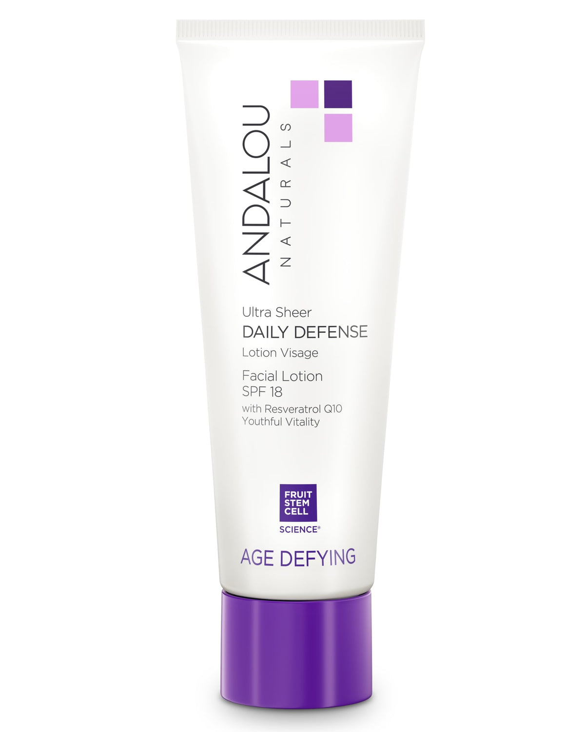 Andalou Naturals Age Defying Ultra Sheer Daily Defense bottle front view highlights SPF 18 protection.