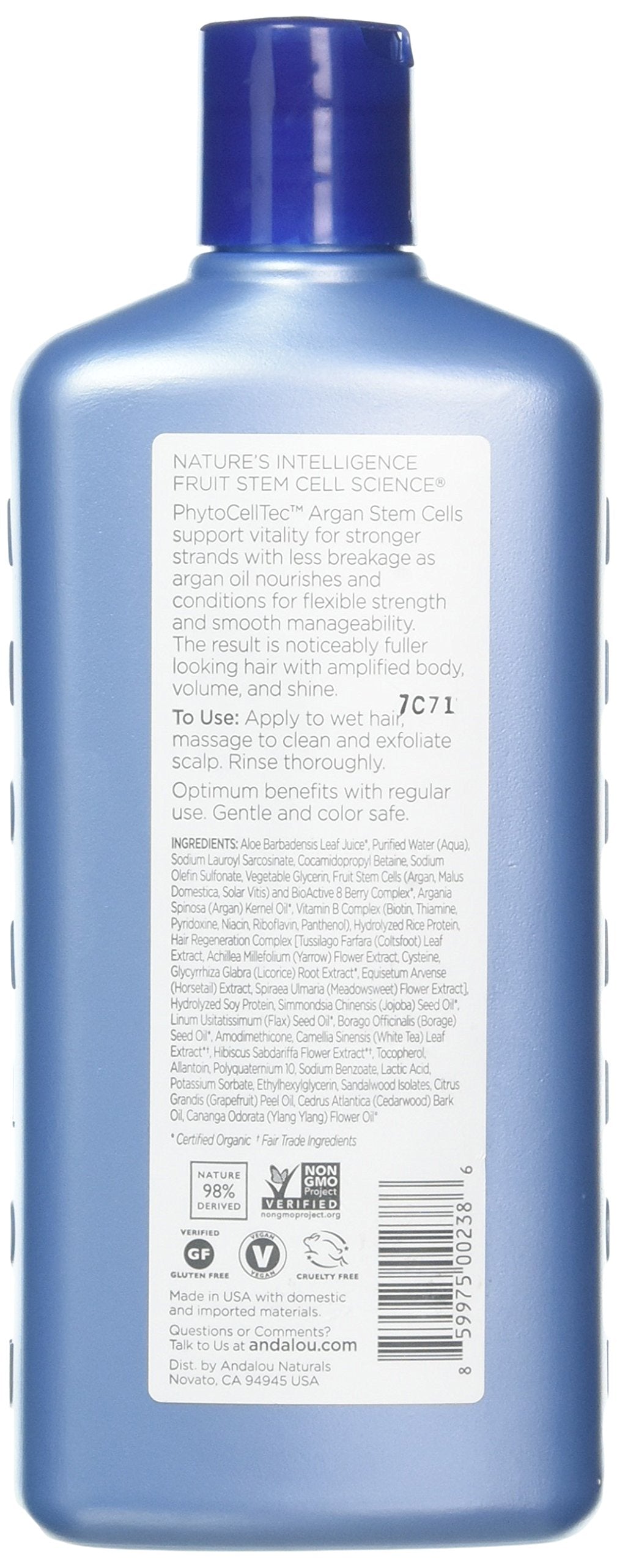 Andalou Naturals Argan Stem Cell Age Defying Shampoo foam aids smooth, frizz-controlled styling after washing.