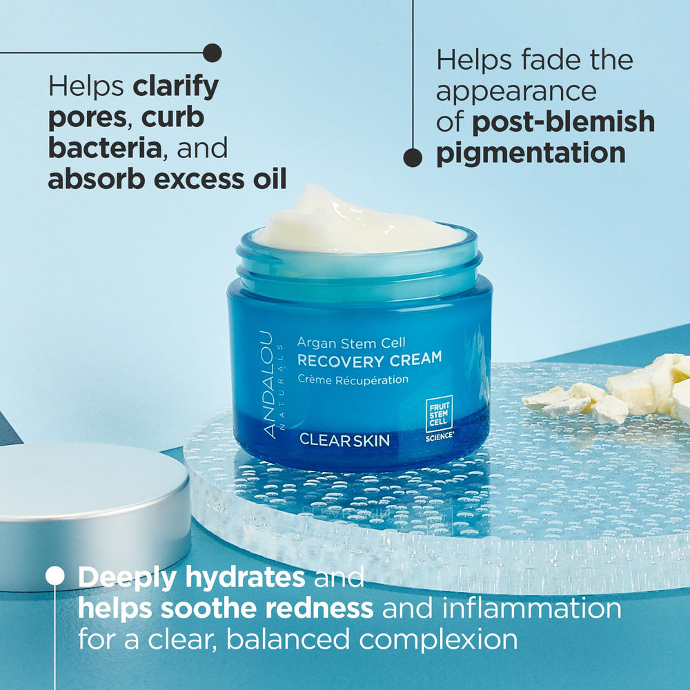 Andalou Naturals Argan Stem Cell Recovery Cream jar on skin illustrates soothing hydration.