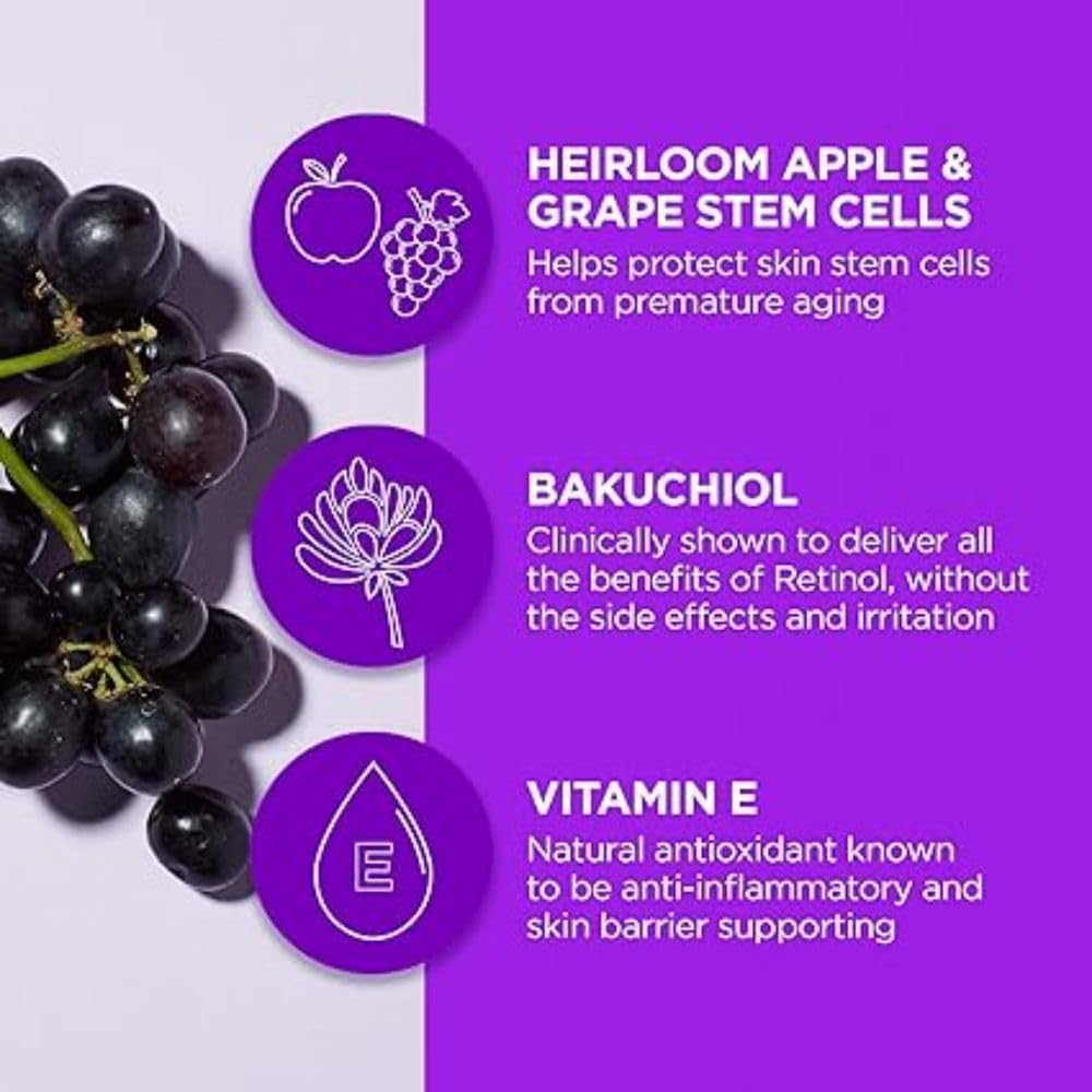 Andalou Naturals bakuchiol and fruit stem cell ingredients illustration highlighting antioxidant support.
