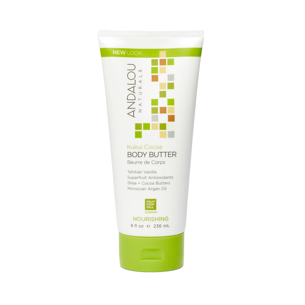 Andalou Naturals Kukui Cocoa Body Butter jar provides rich hydration for dry skin.