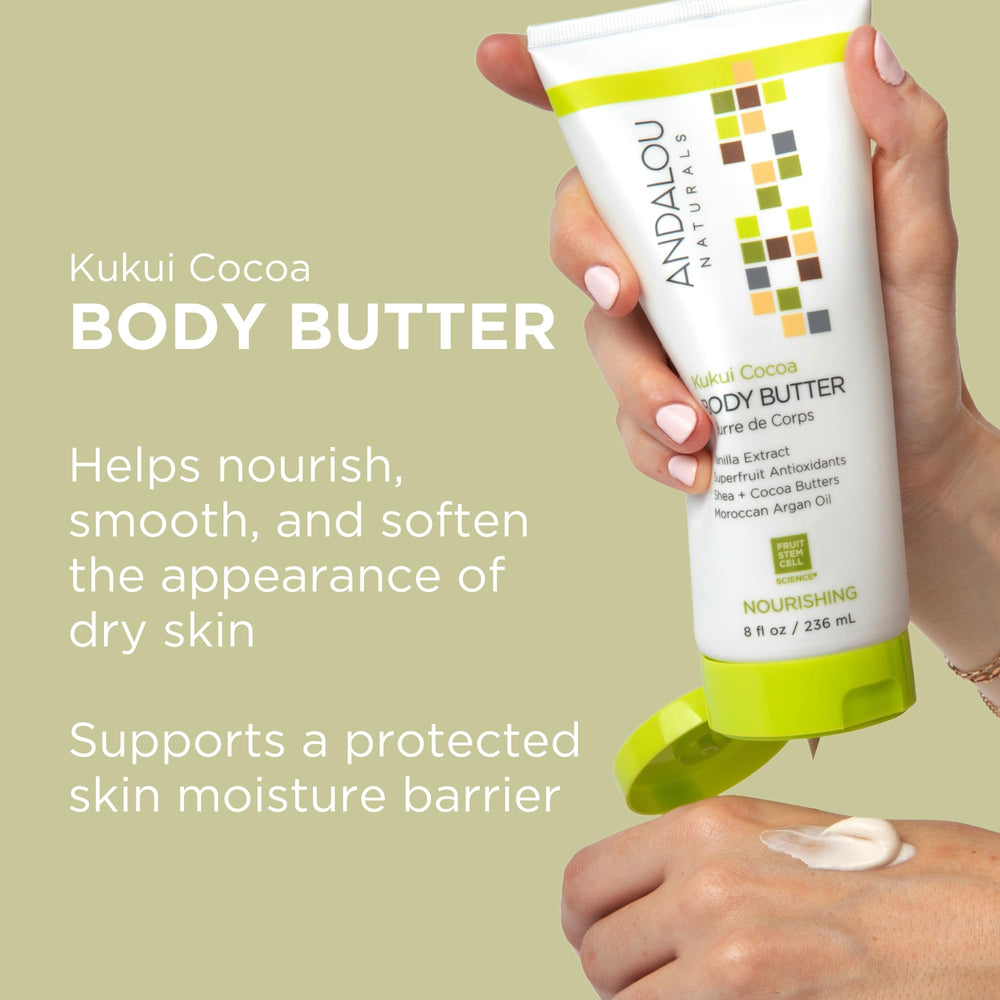 Andalou Naturals body butter texture close-up shows creamy, nourishing consistency.