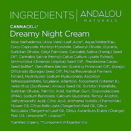 Andalou Naturals CannaCell Dreamy Night Cream vegan and cruelty-free icons on packaging