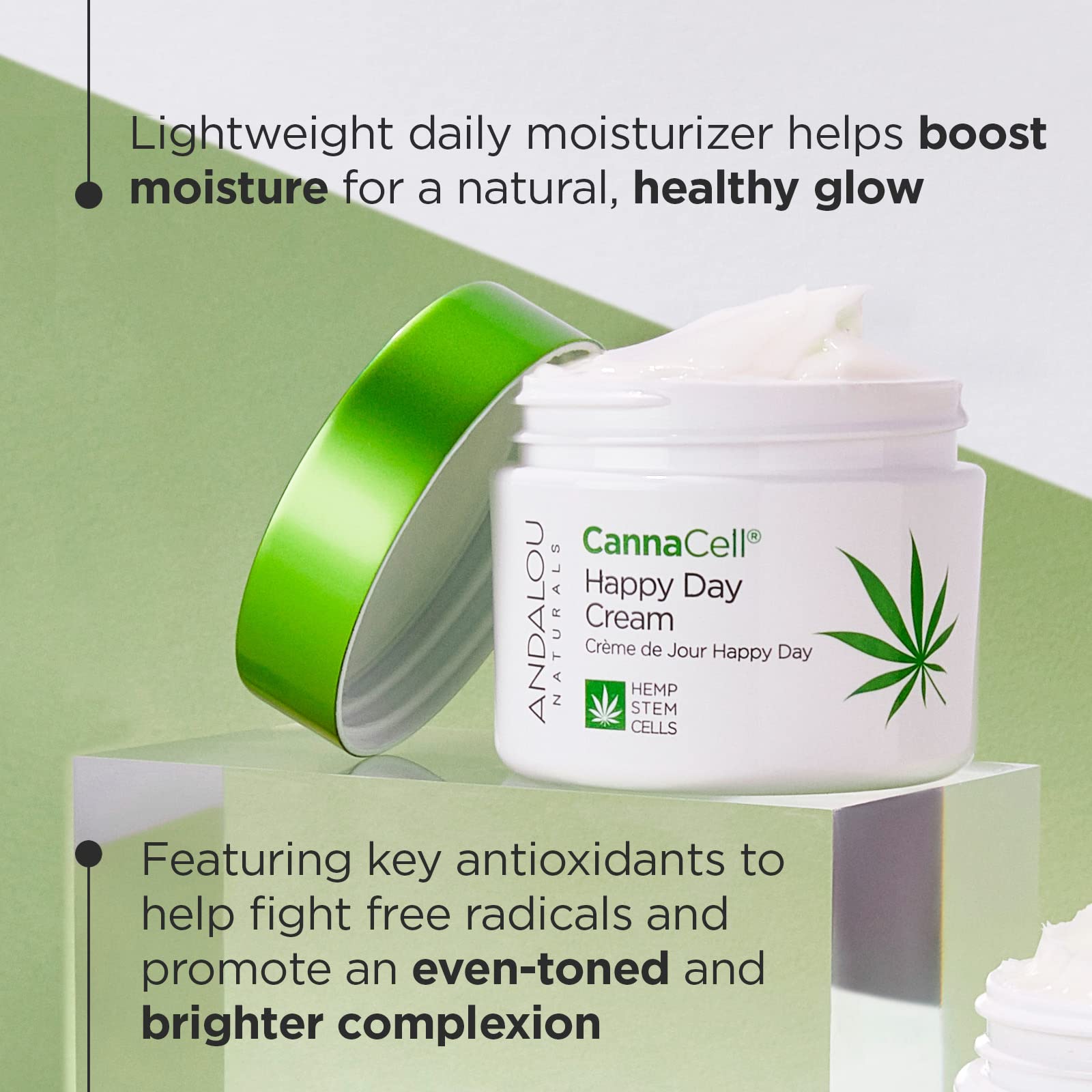 Andalou Naturals Cannacell Happy Day Cream ingredients closeup highlighting hemp stem cell antioxidants.