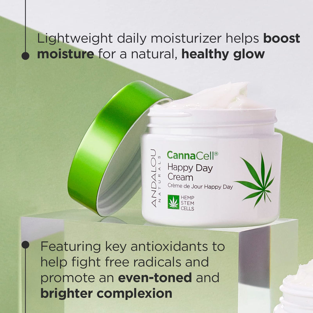 Andalou Naturals Cannacell Happy Day Cream ingredients closeup highlighting hemp stem cell antioxidants.