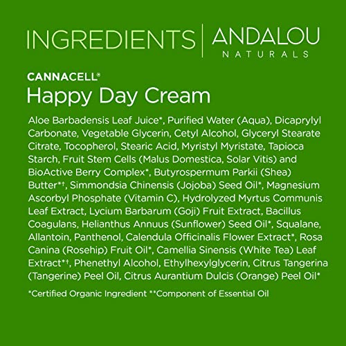 Andalou Naturals Cannacell Happy Day Cream packaging emphasizing gluten-free and cruelty-free ethos.