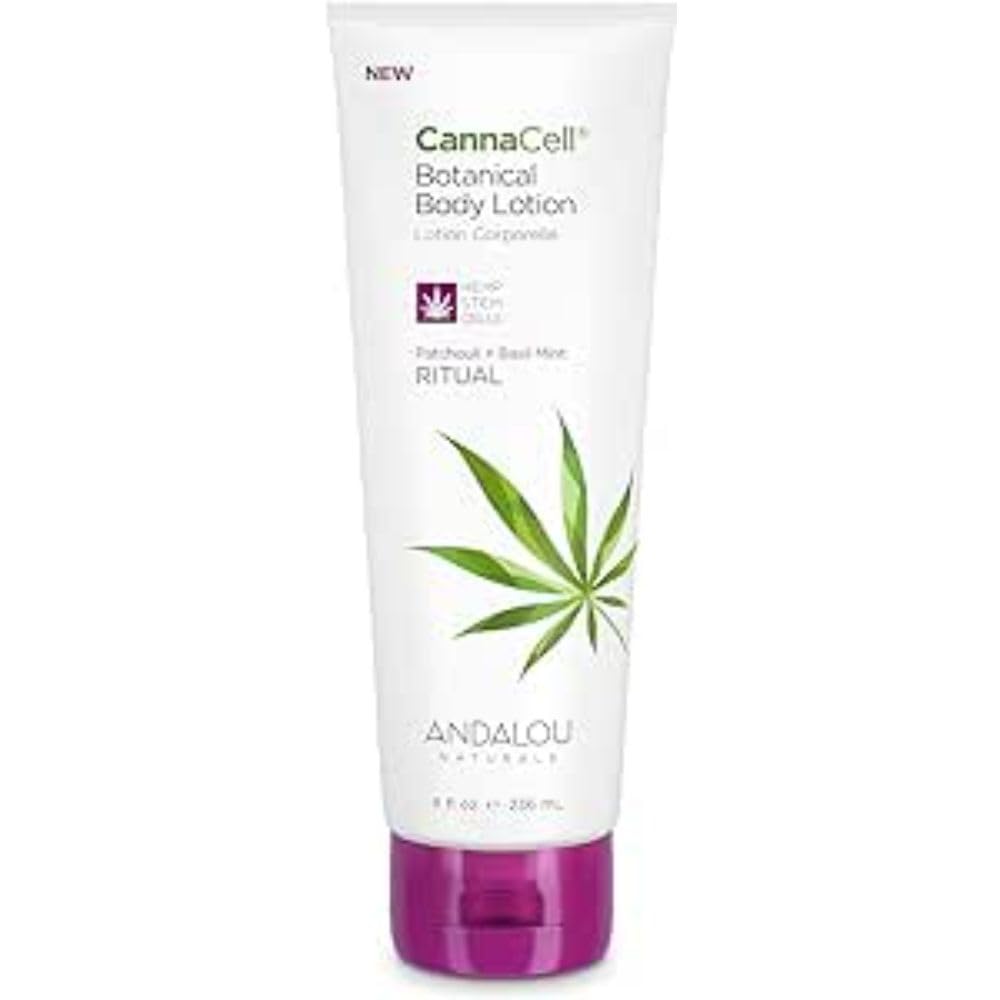 Andalou Naturals Cannacell lotion bottle highlights daily moisturizer for soft, balanced skin.