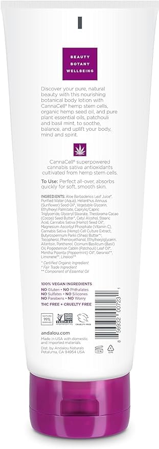 Andalou Naturals Cannacell lotion ingredients image shows plant-based antioxidants for vibrant skin.