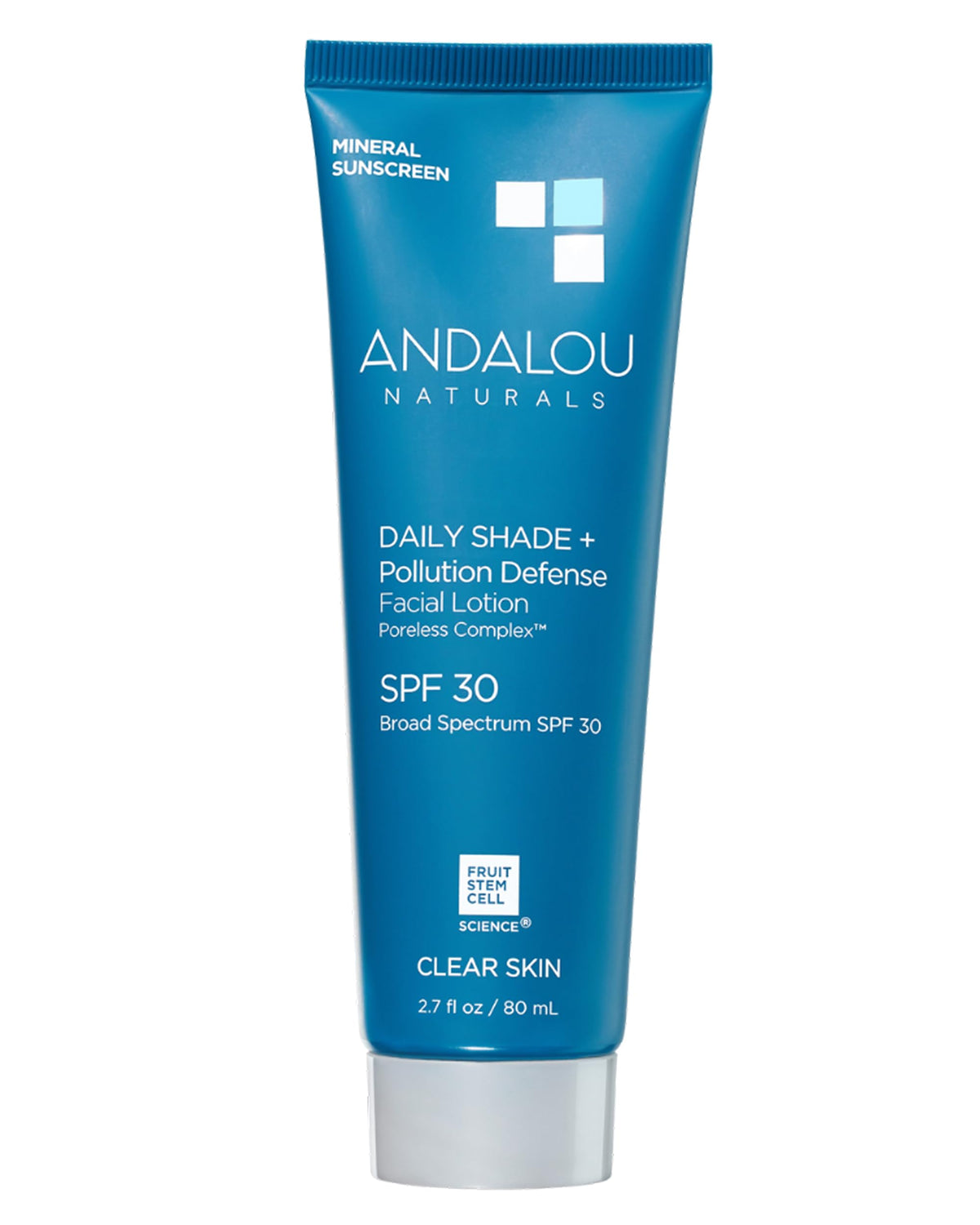 Andalou Naturals Clear Skin Mineral SPF 30 bottle shows lightweight sun protection