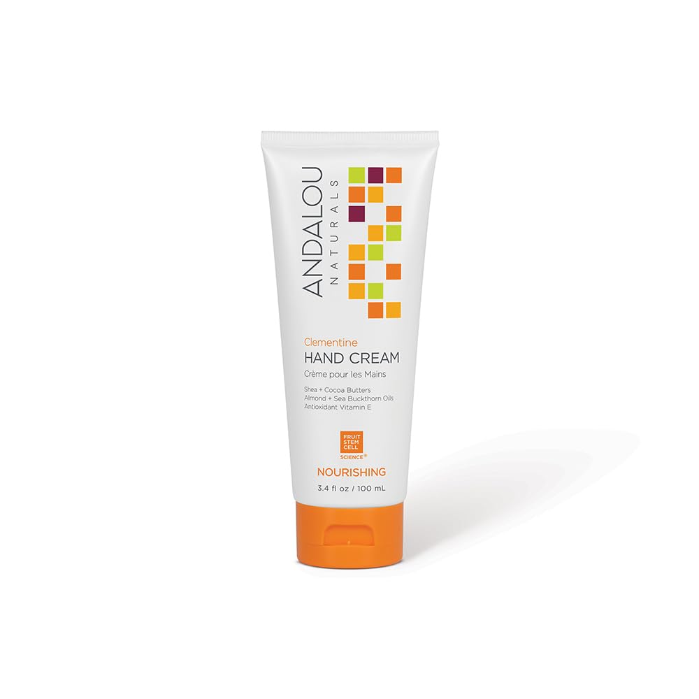 Andalou Naturals Clementine Hand Cream jar showing rich moisture to soothe dry hands.