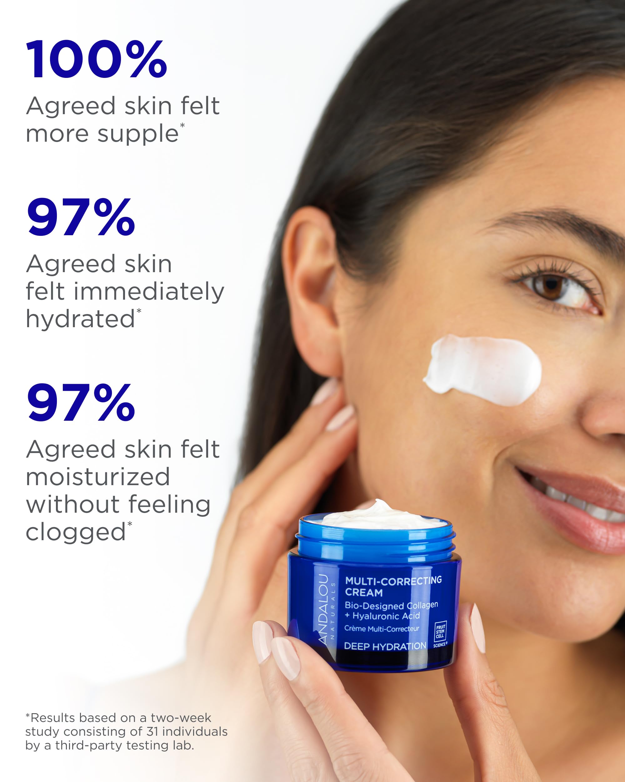 Andalou Naturals Deep Hydration Cream on face during application for supple skin.