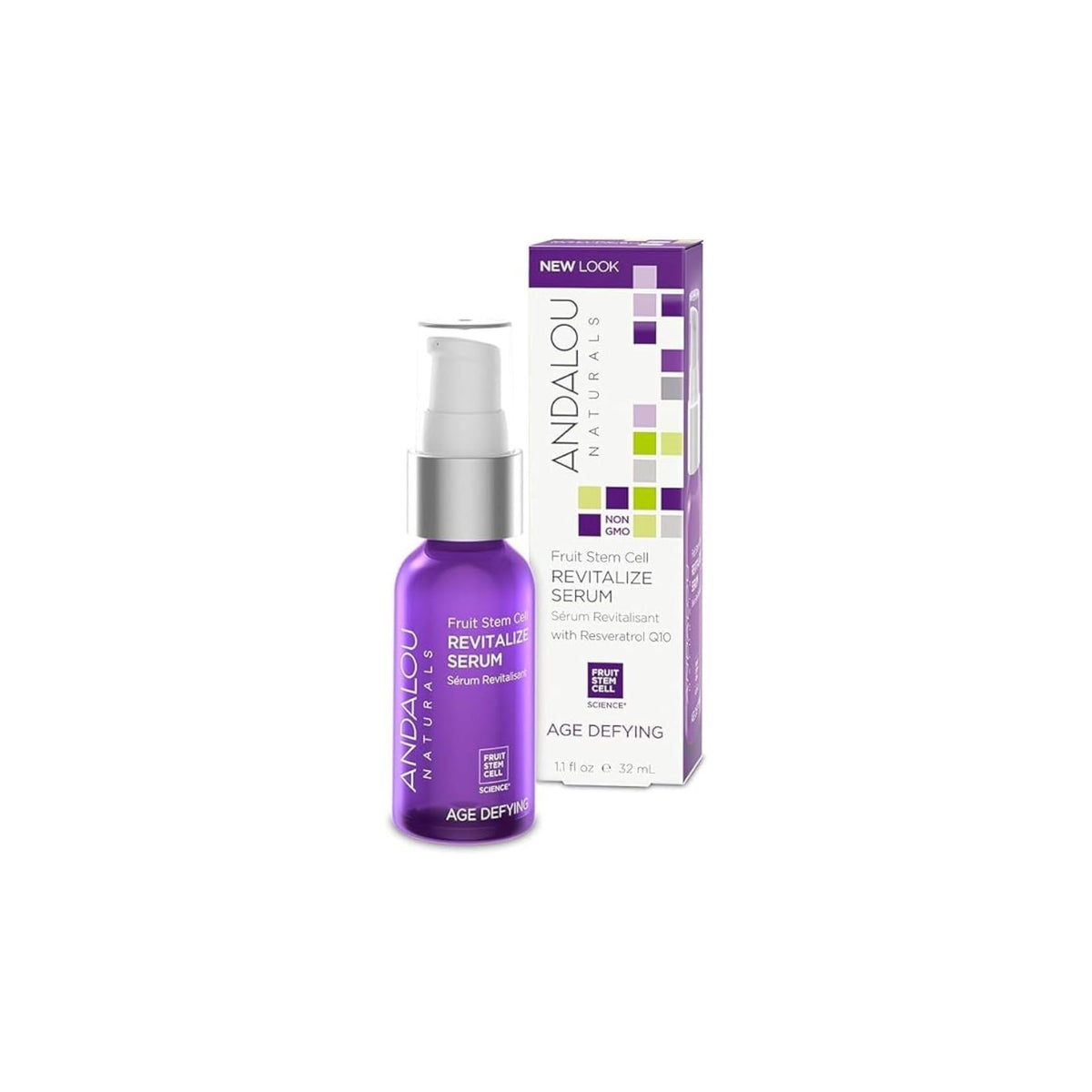 Andalou Naturals Fruit Stem Cell Revitalize Serum bottle highlights antioxidant formula for brightening