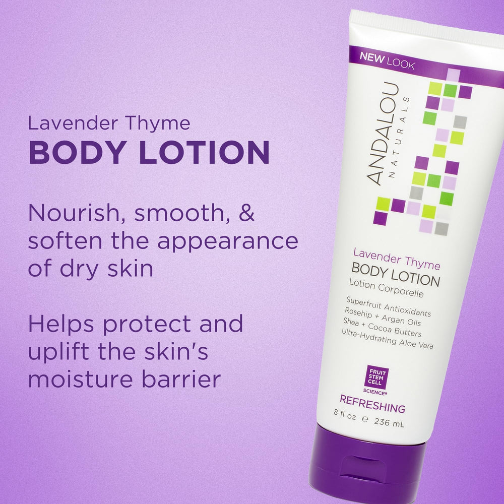Andalou Naturals Lavender Thyme lotion with lavender bloom signals calming scent.
