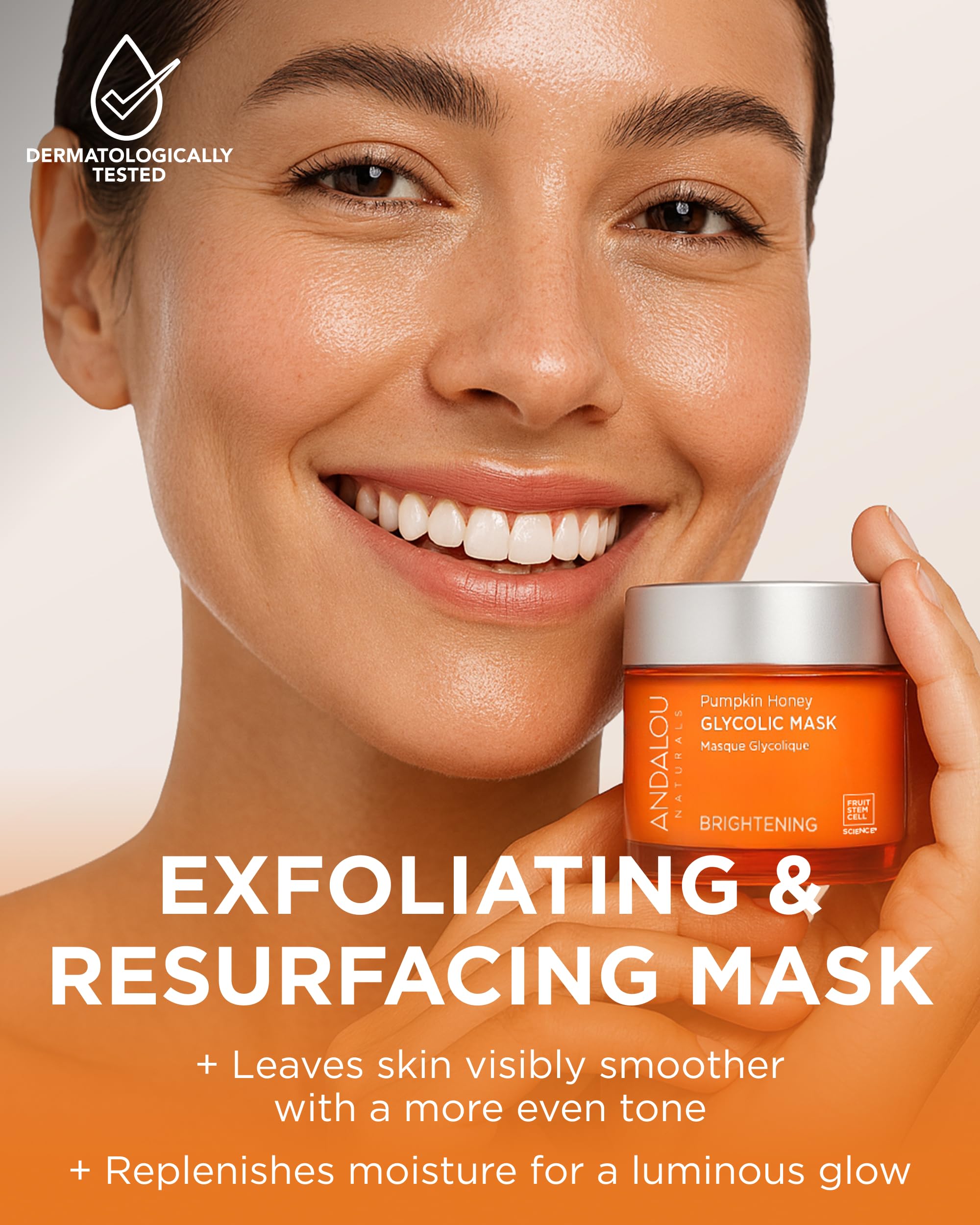 Andalou Naturals Pumpkin Honey Glycolic Mask face application in action for smoothing skin.