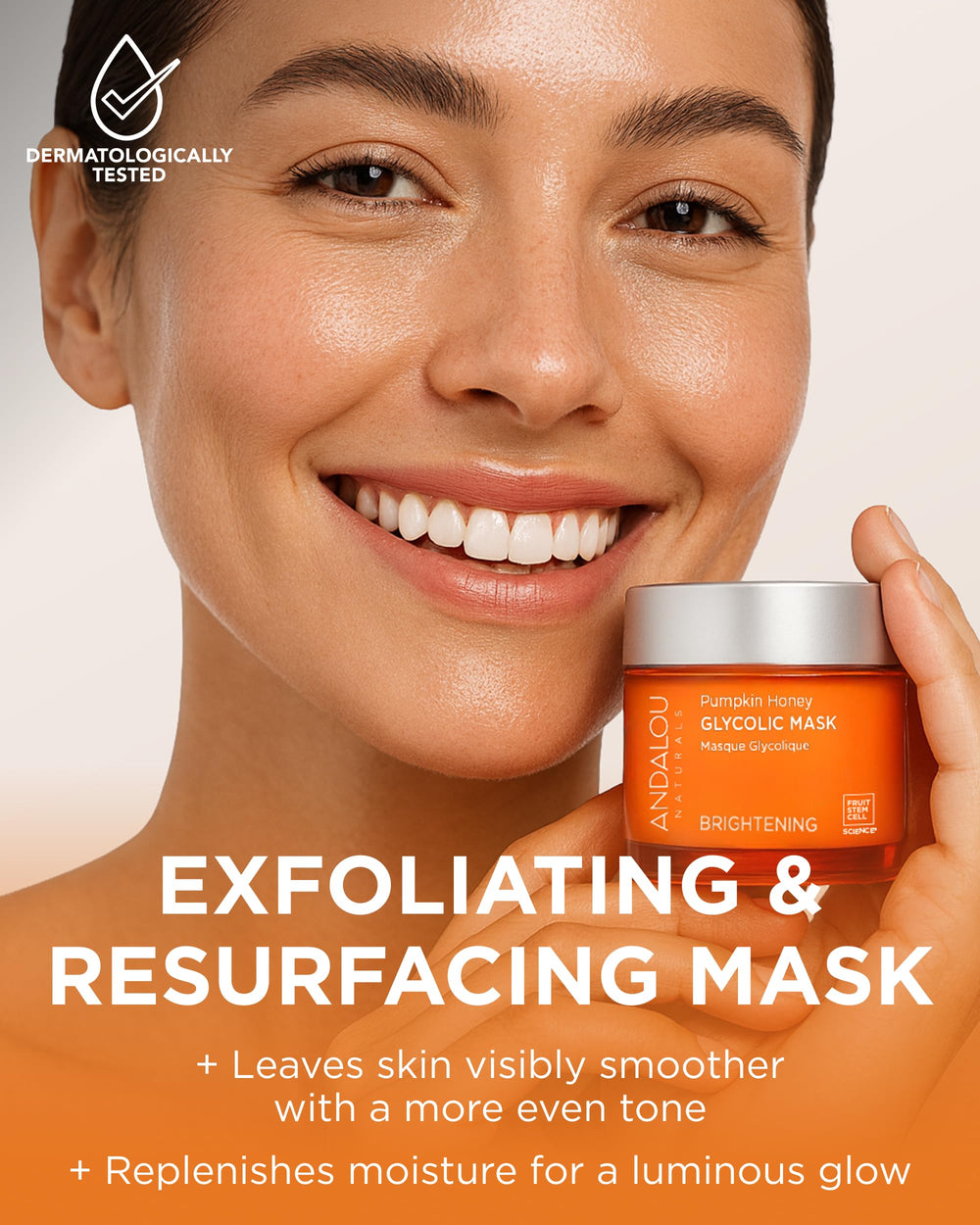 Andalou Naturals Pumpkin Honey Glycolic Mask face application in action for smoothing skin.