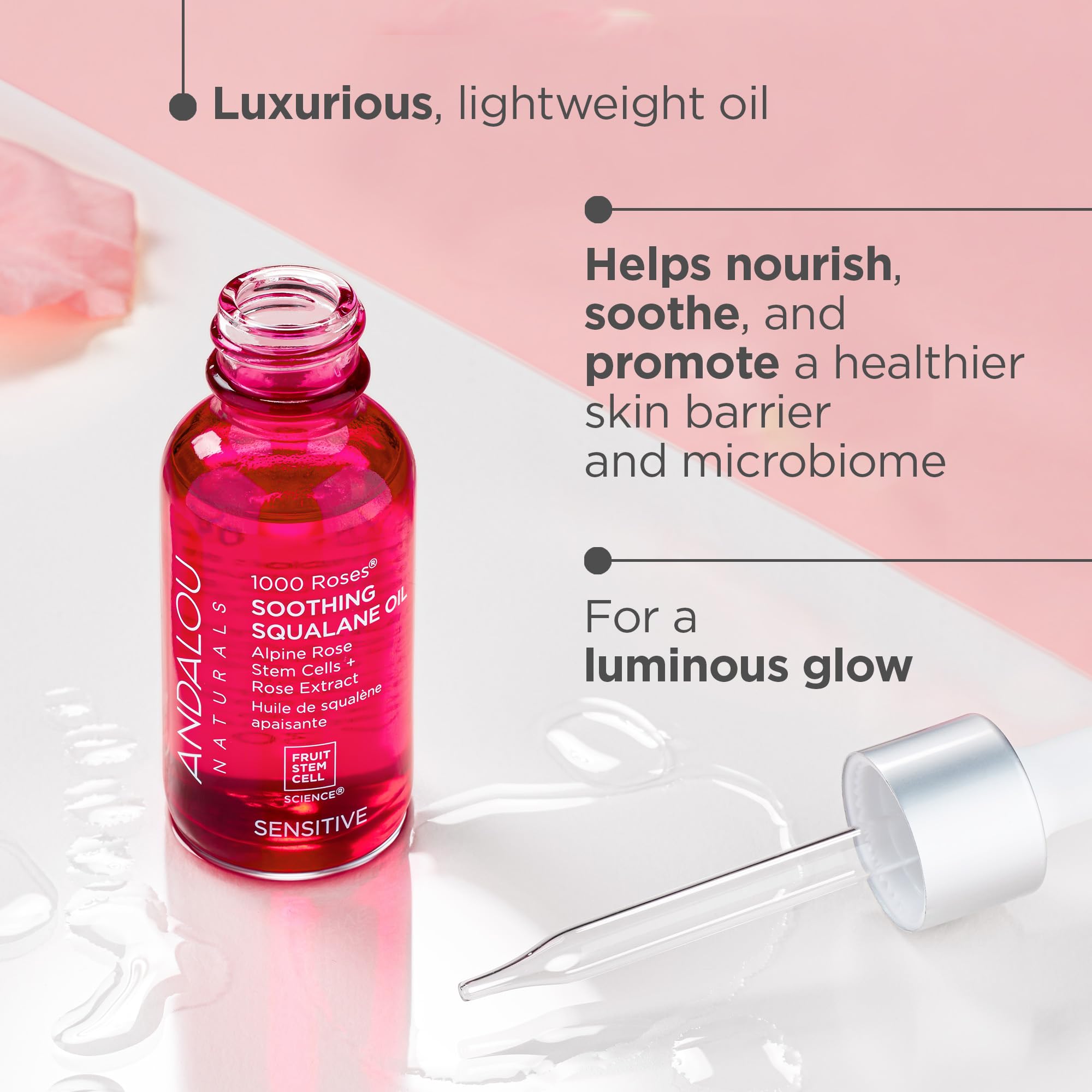 Andalou Naturals rose extracts closeup highlighting soothing floral infusion
