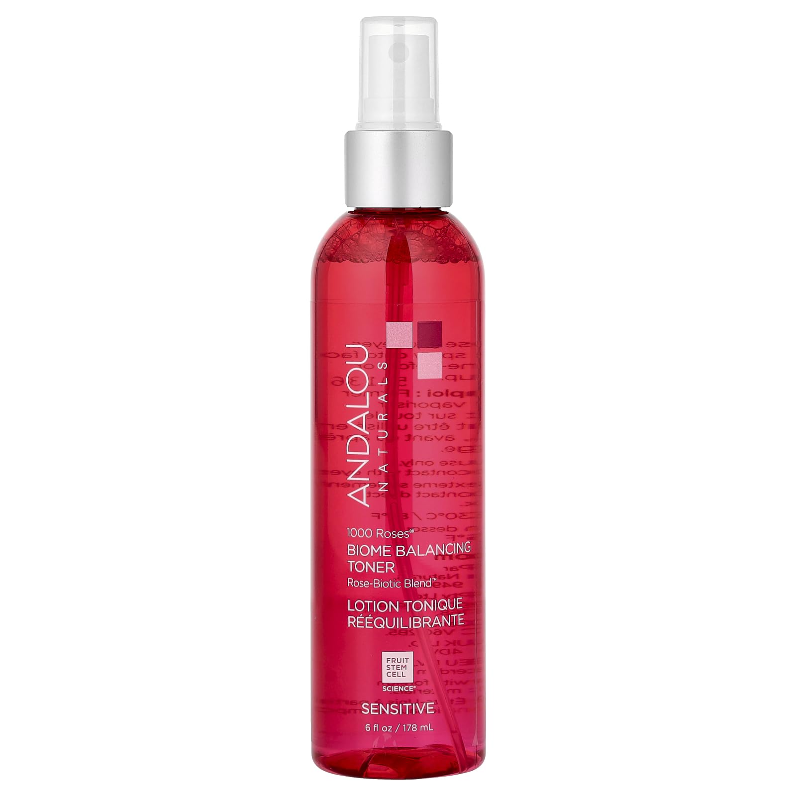 Andalou Naturals 1000 Roses Toner bottle highlighting Rose-Biotic Blend for balanced, hydrated skin.
