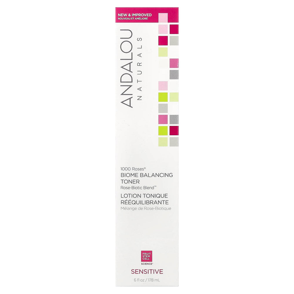 Andalou Naturals Toner spray bottle delivering refreshing rose aroma and gentle daily hydration.