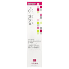 Andalou Naturals Toner spray bottle delivering refreshing rose aroma and gentle daily hydration.
