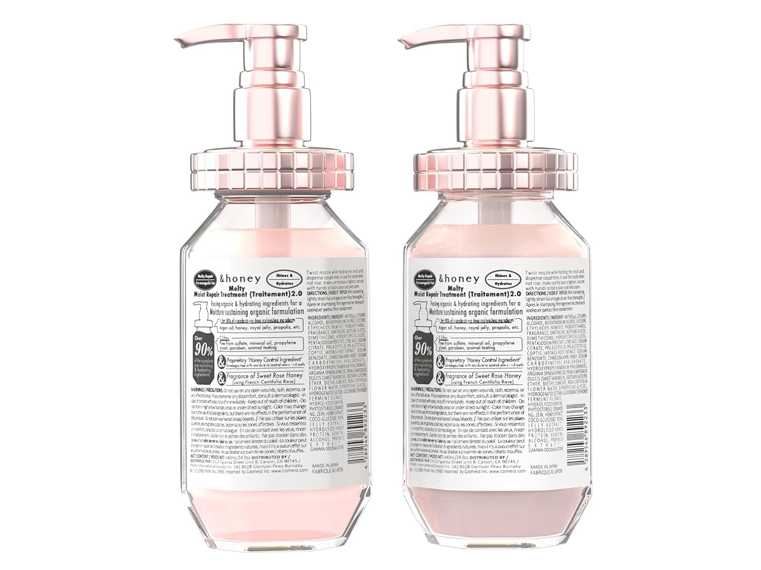 &honey Melty Moist hair care trio in-use on model's dry, curly hair.