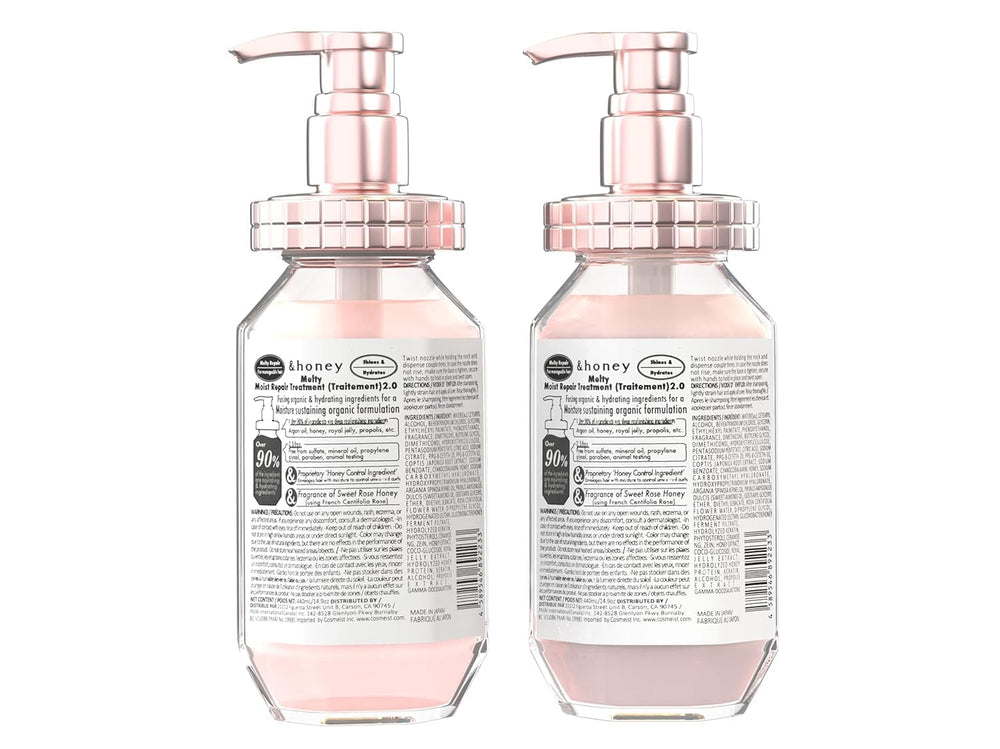 &honey Melty Moist hair care trio in-use on model's dry, curly hair.
