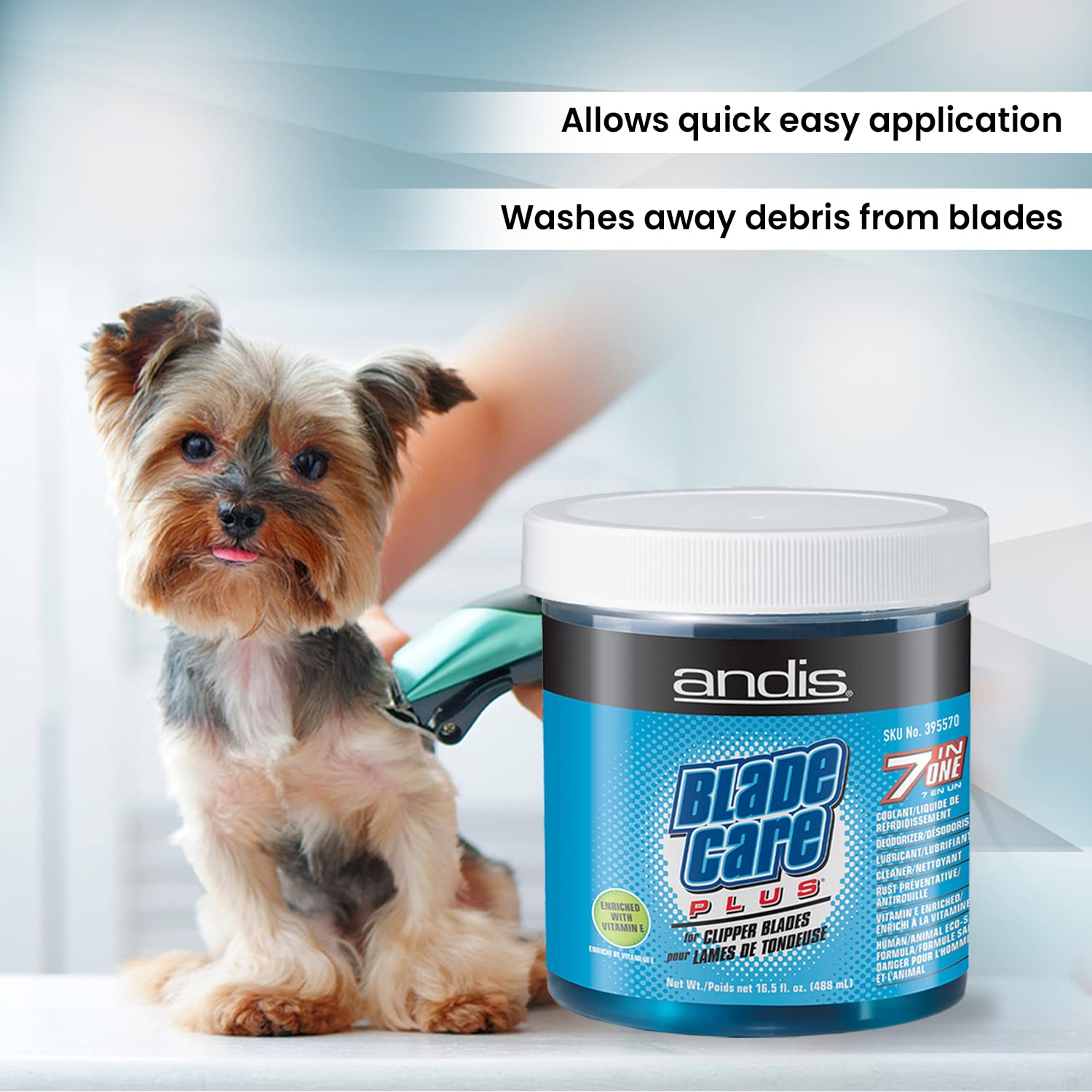 Andis Blade Care Plus Jar applying light lubricating film reduces friction