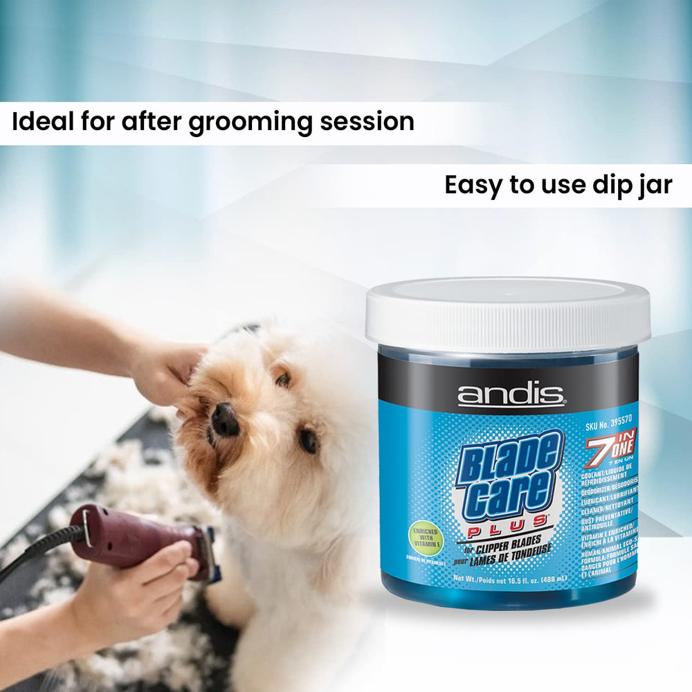 Andis Blade Care Plus Jar on a grooming counter for quick maintenance