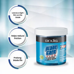 Andis Blade Care Plus Jar being used to submerge blades for debris removal