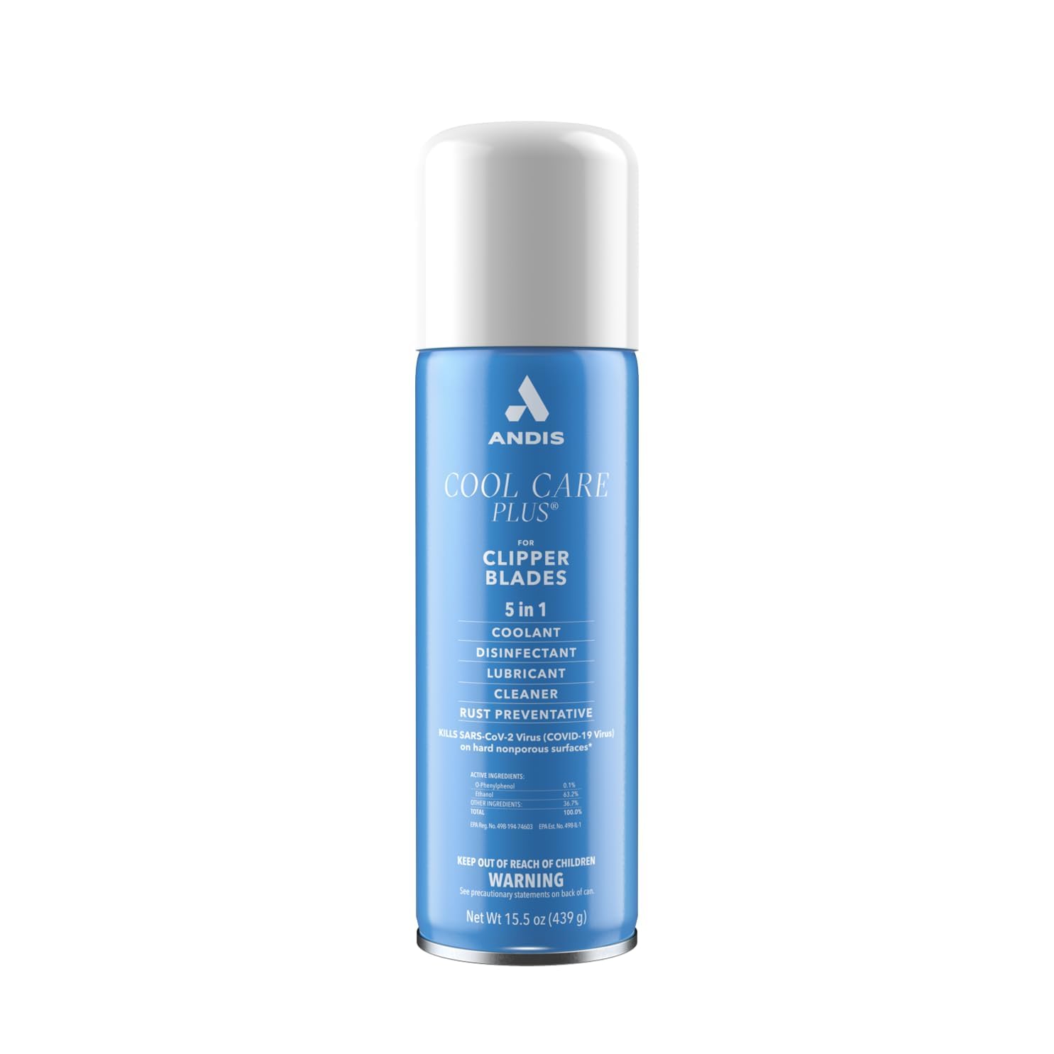 Andis Cool Care Plus 15.5-ounce bottle in a six-pack for blade maintenance and disinfection.