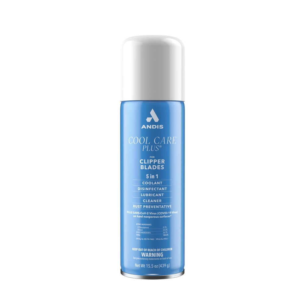 Andis Cool Care Plus 15.5-ounce bottle in a six-pack for blade maintenance and disinfection.