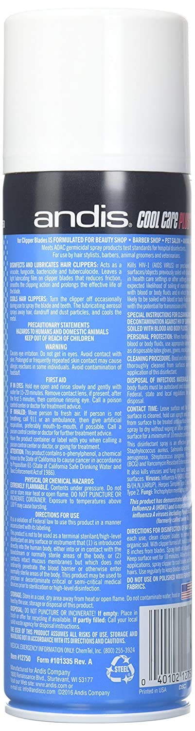 Andis DPD Cool Care Plus application on clipper blades demonstrates lubrication and rust protection.