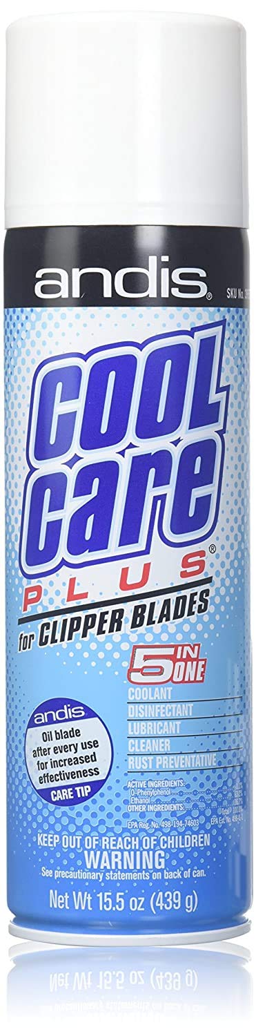 Andis DPD Cool Care Plus bottle close-up highlights blade cleaning and cooling benefits.