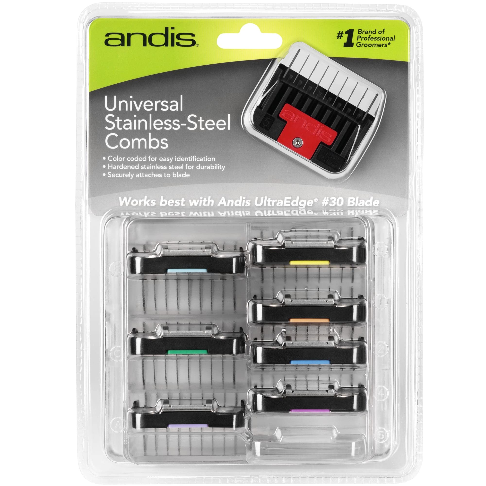 Andis lifting combs 8-piece set shows clip attachment for secure blade fit.
