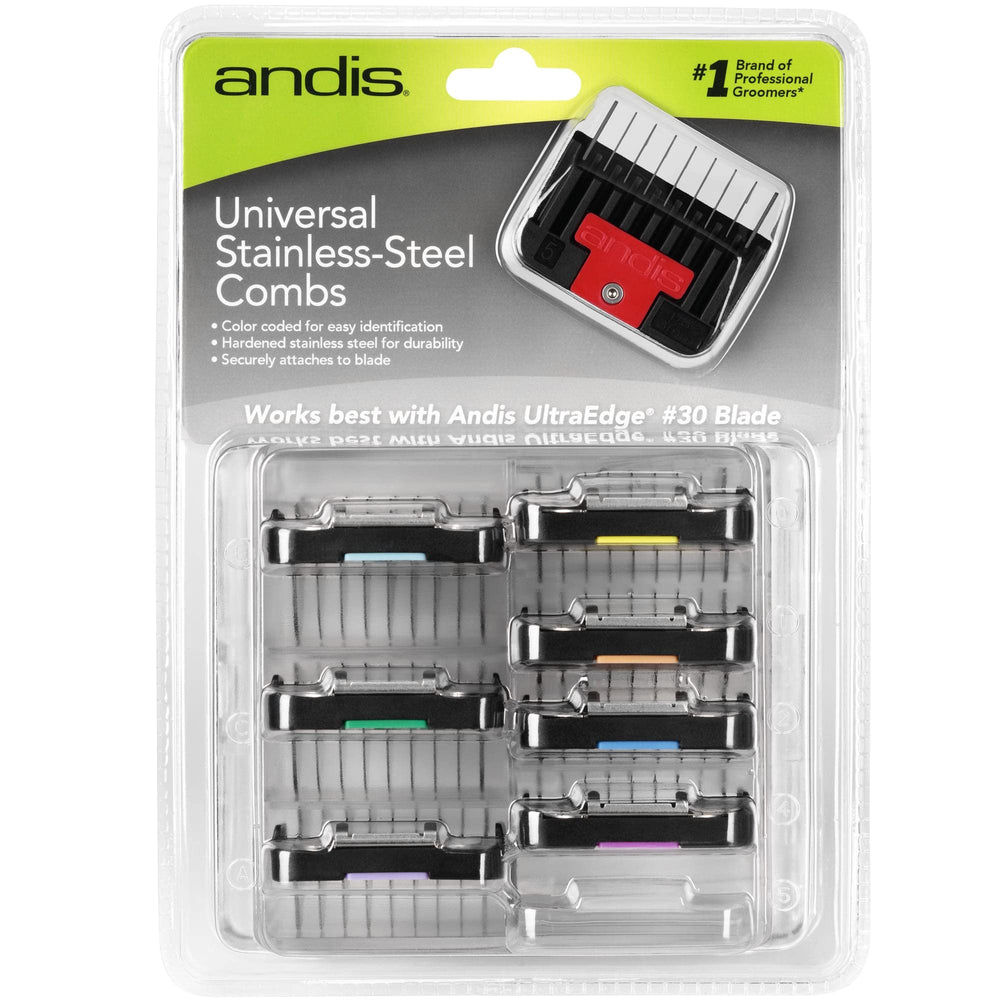 Andis lifting combs 8-piece set shows clip attachment for secure blade fit.