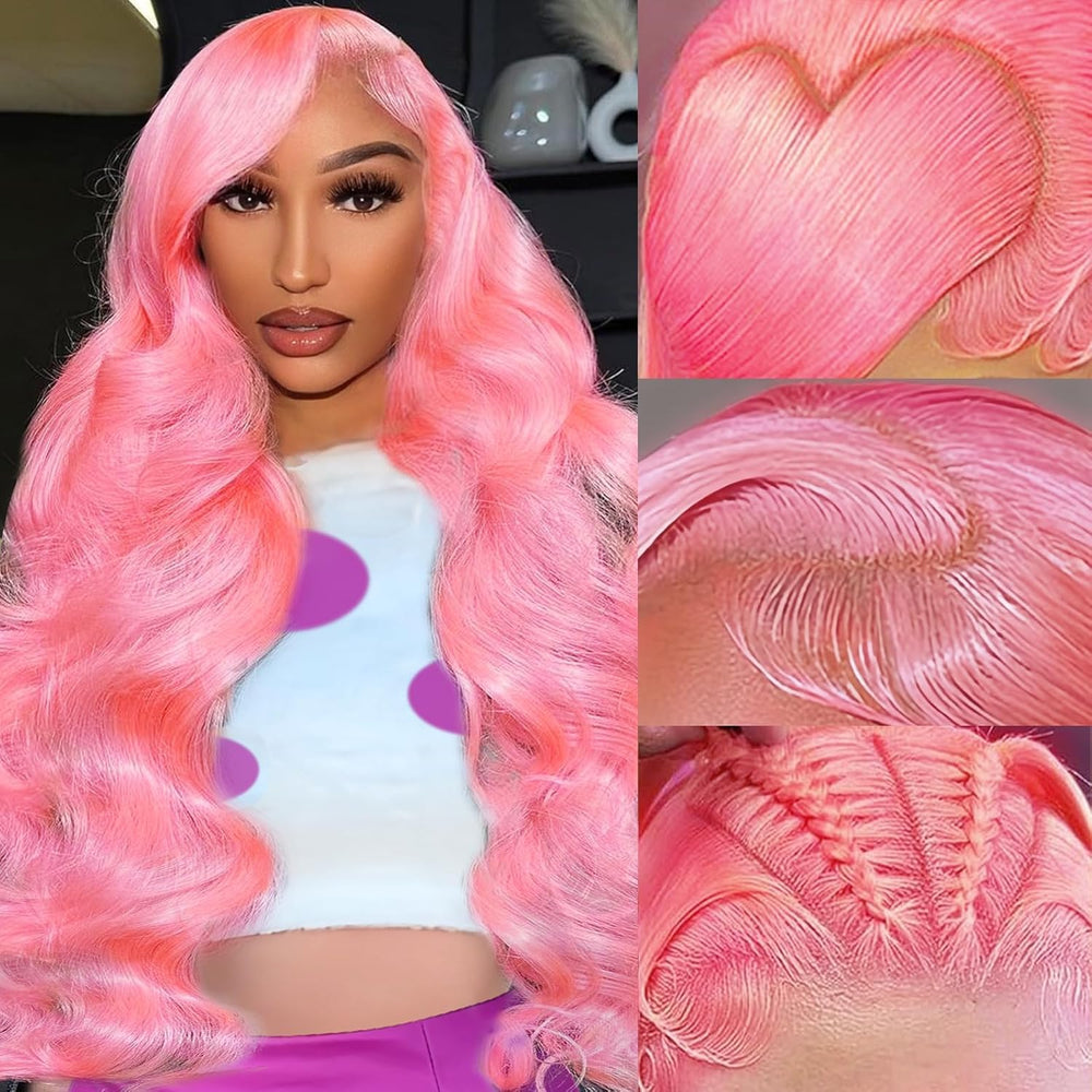 ANDRIA pink body wave wig shown up close for texture and bounce