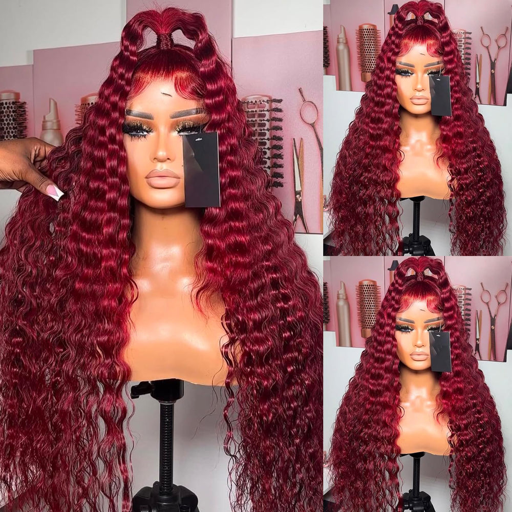 Andria wine red deep wave wig close-up showing baby hair and natural hairline