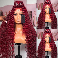Andria wine red deep wave wig close-up showing baby hair and natural hairline