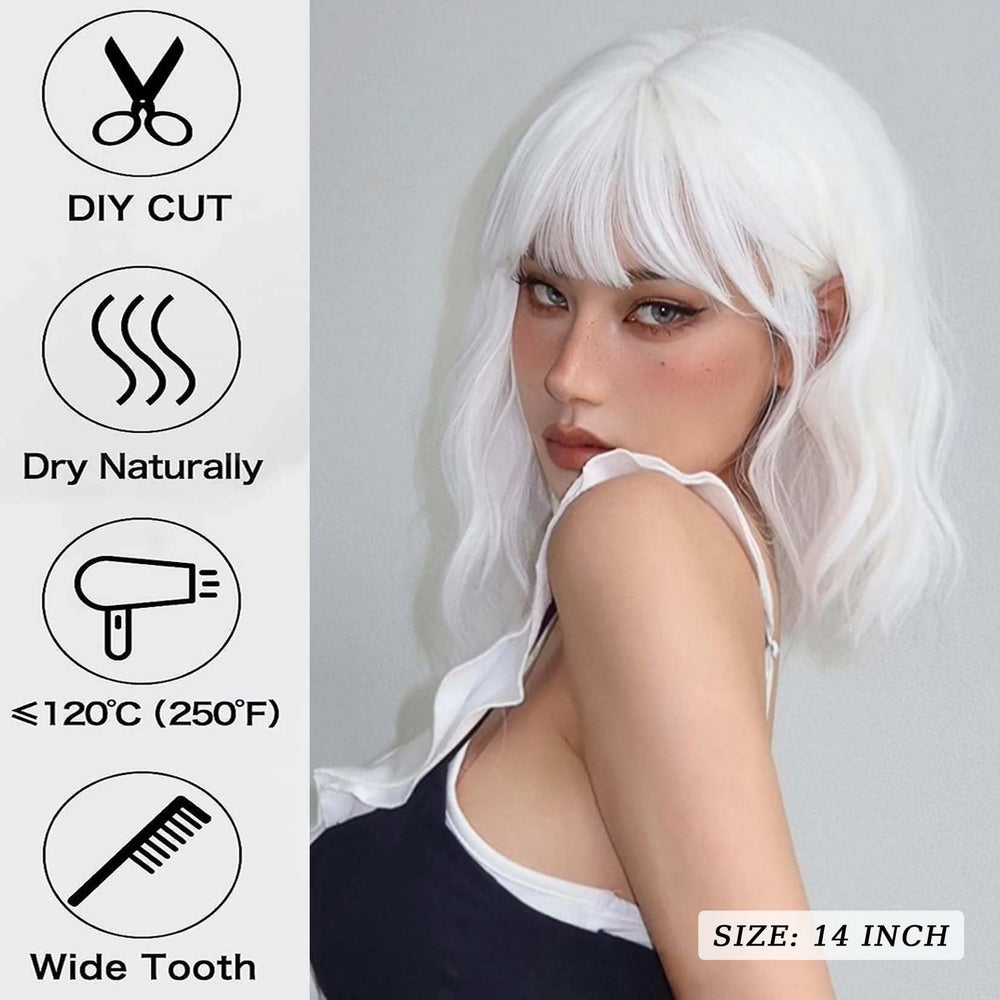 Andromeda White Wavy Wig with Bangs adjustable cap for comfortable fit