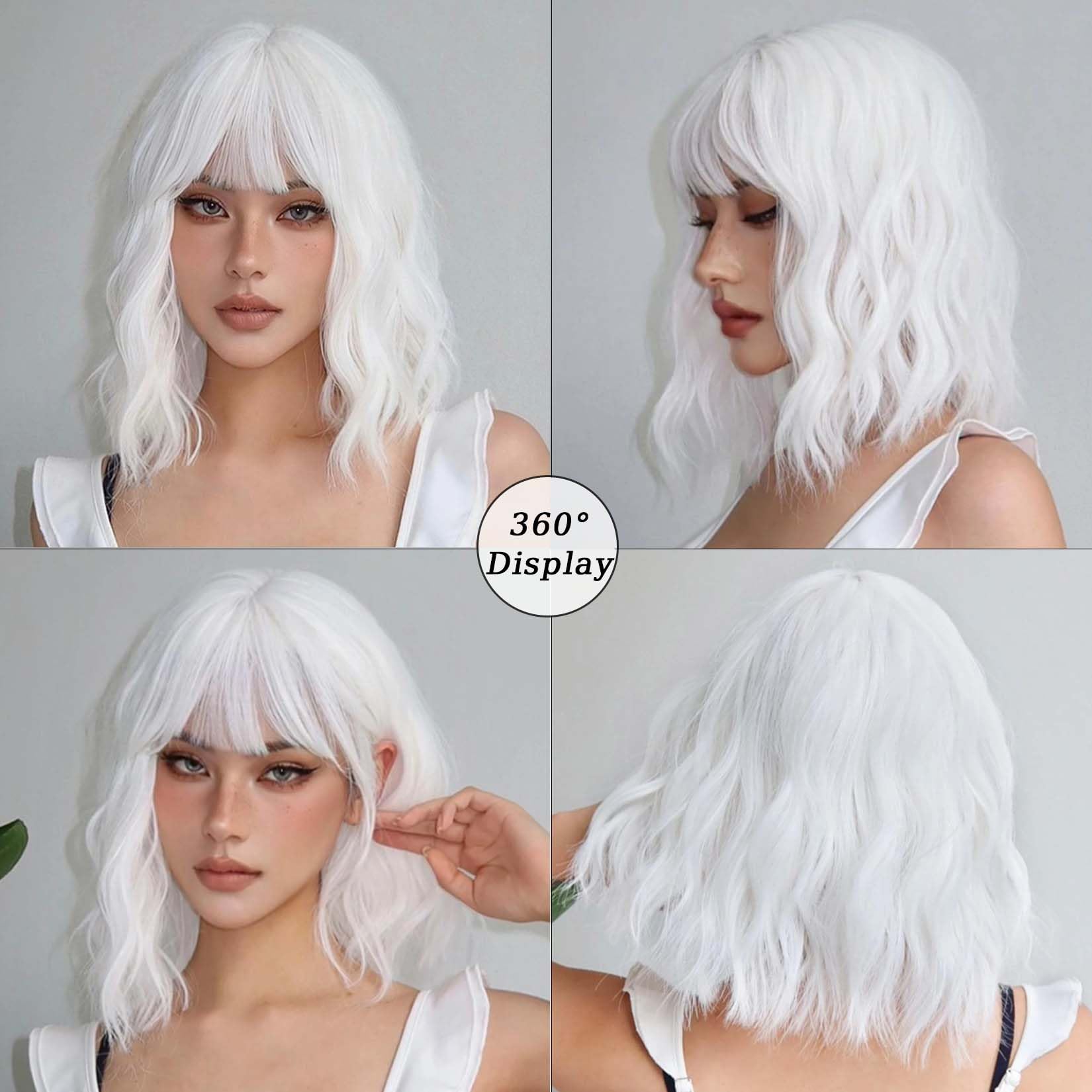 Andromeda White Wavy Wig with Bangs shoulder-length look for daily wear