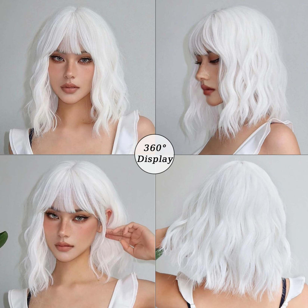 Andromeda White Wavy Wig with Bangs shoulder-length look for daily wear